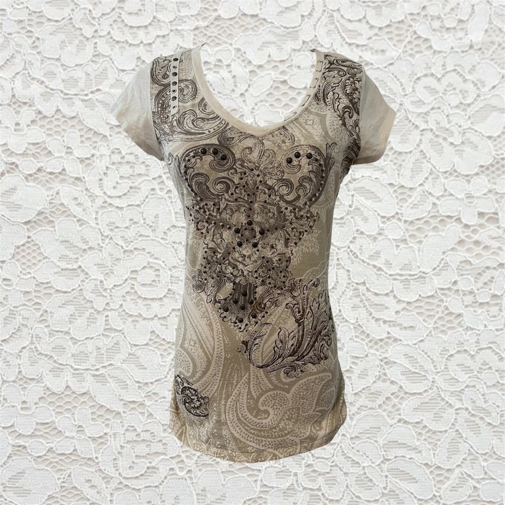 vintage cyber y2k embellished cross & paisley patterned graphic short sleeve top